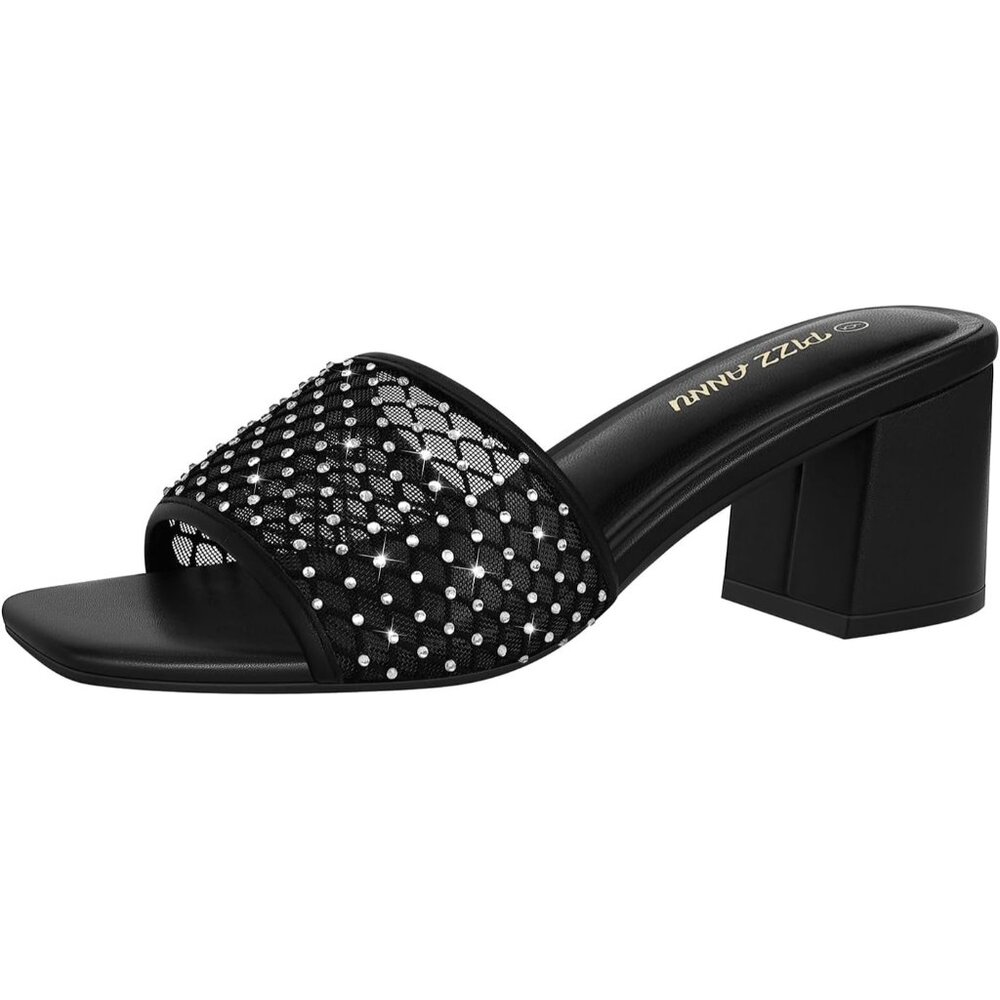 🆕Women Black Bling Square Open Toe Heels Sandals Low Block Chunky Heeled Sandal